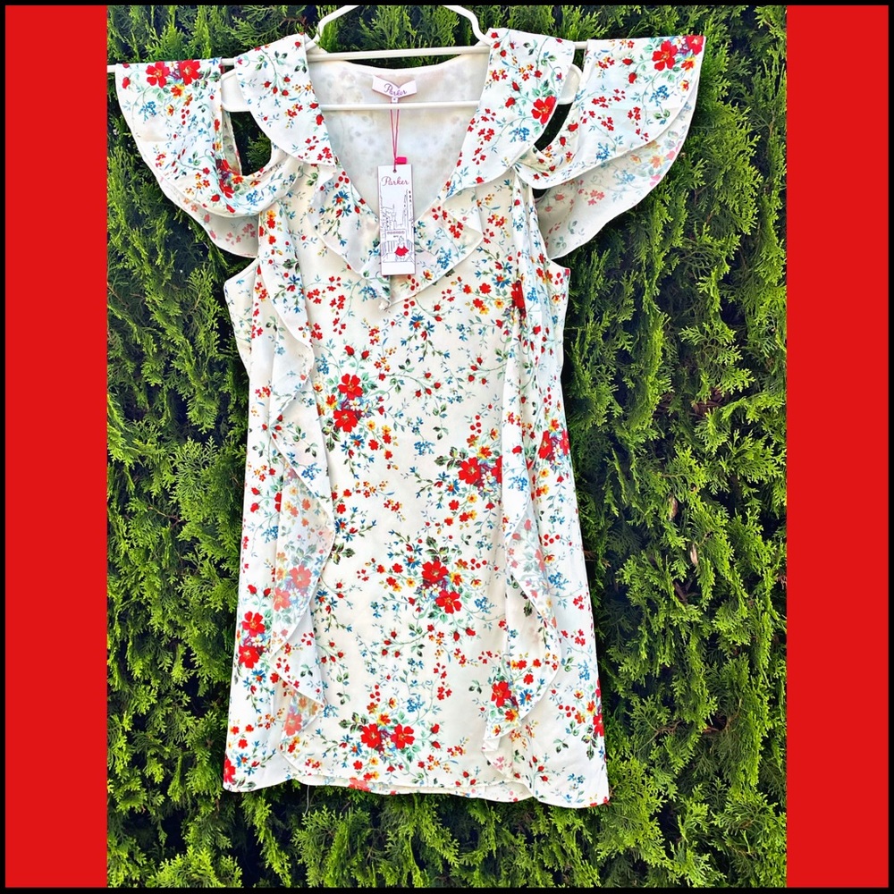 NWT PARKER FLORAL COLD-SHOULDER MINI RUFFLE DRESS - Picture 7 of 13